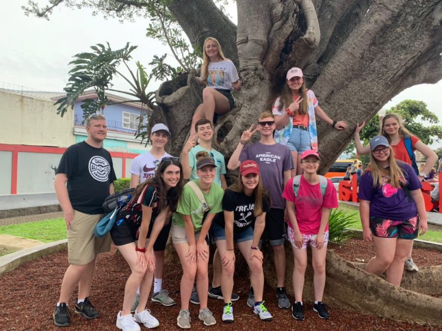 SES Spanish Club members, pictured in Alajuela, Costa Rica on day two of the June trip, stopped to look at statues and the playground in the city. 