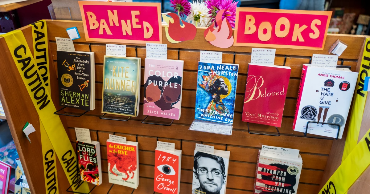 A library featuring a Banned Books section.